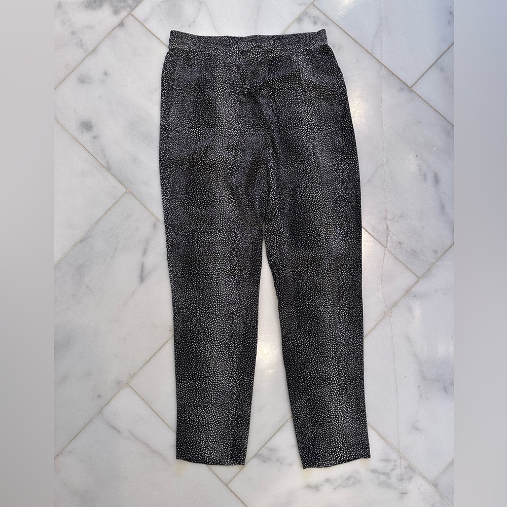 Joie 100% silk drawstring jogger- black with white pattern, size small